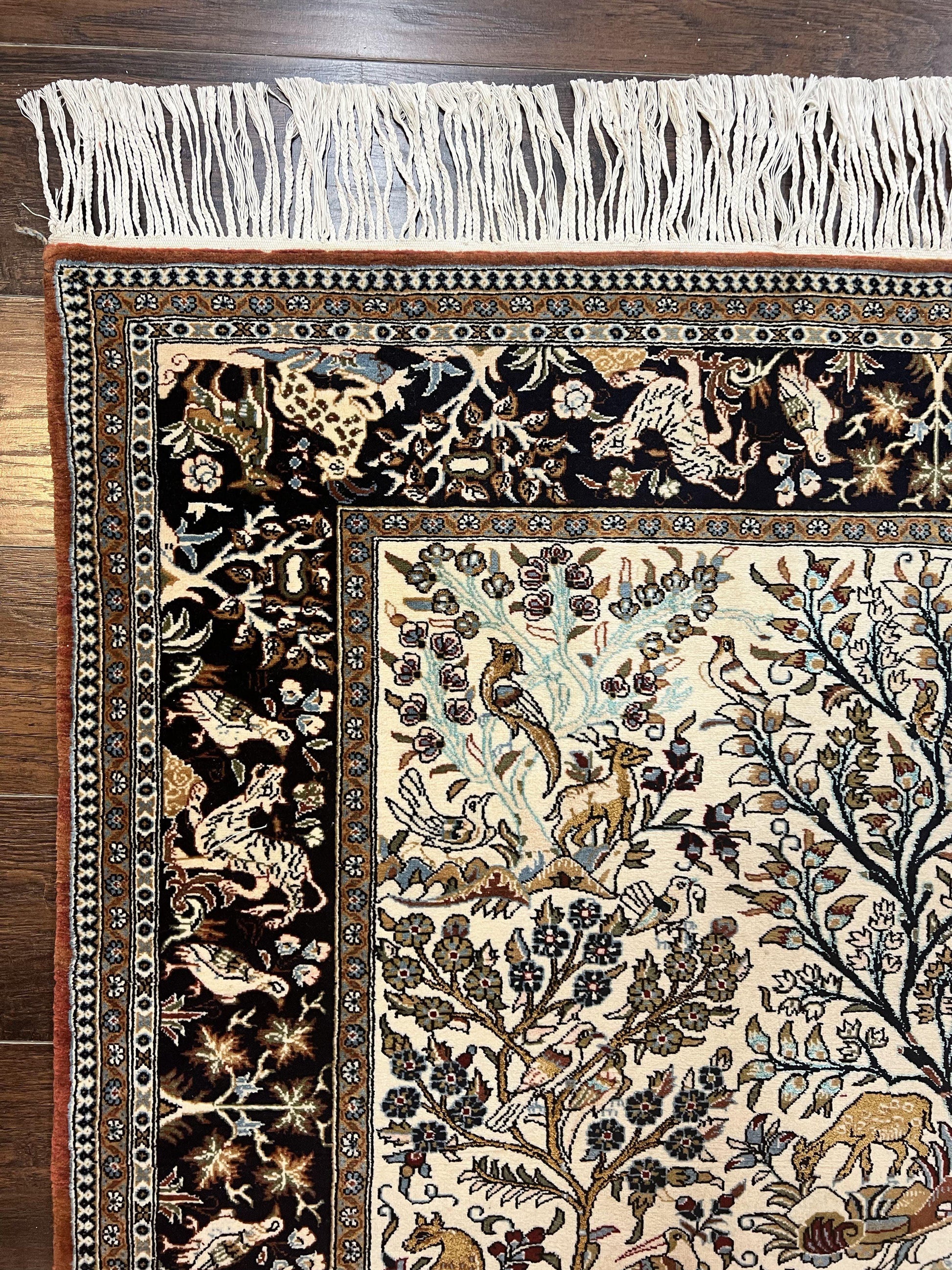 Persian Qum Tree of Life Rug 5x7, Wool and Silk Highlights, Animal Motifs, Vintage Hand Knotted Handmade Cream & Black Fine Oriental Carpet - Nuvé