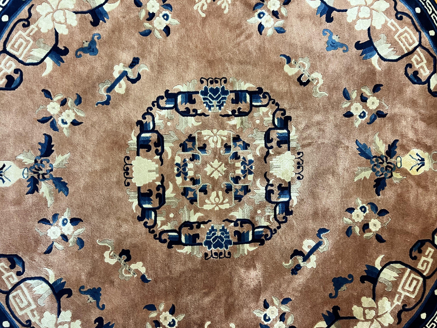 Antique Round Chinese Wool Rug 8x8, Chinese Peking Carpet, Asian Oriental Carpet 8 x 8 ft, Chinese Art Deco Rug, Nichols Rug - Nuvé