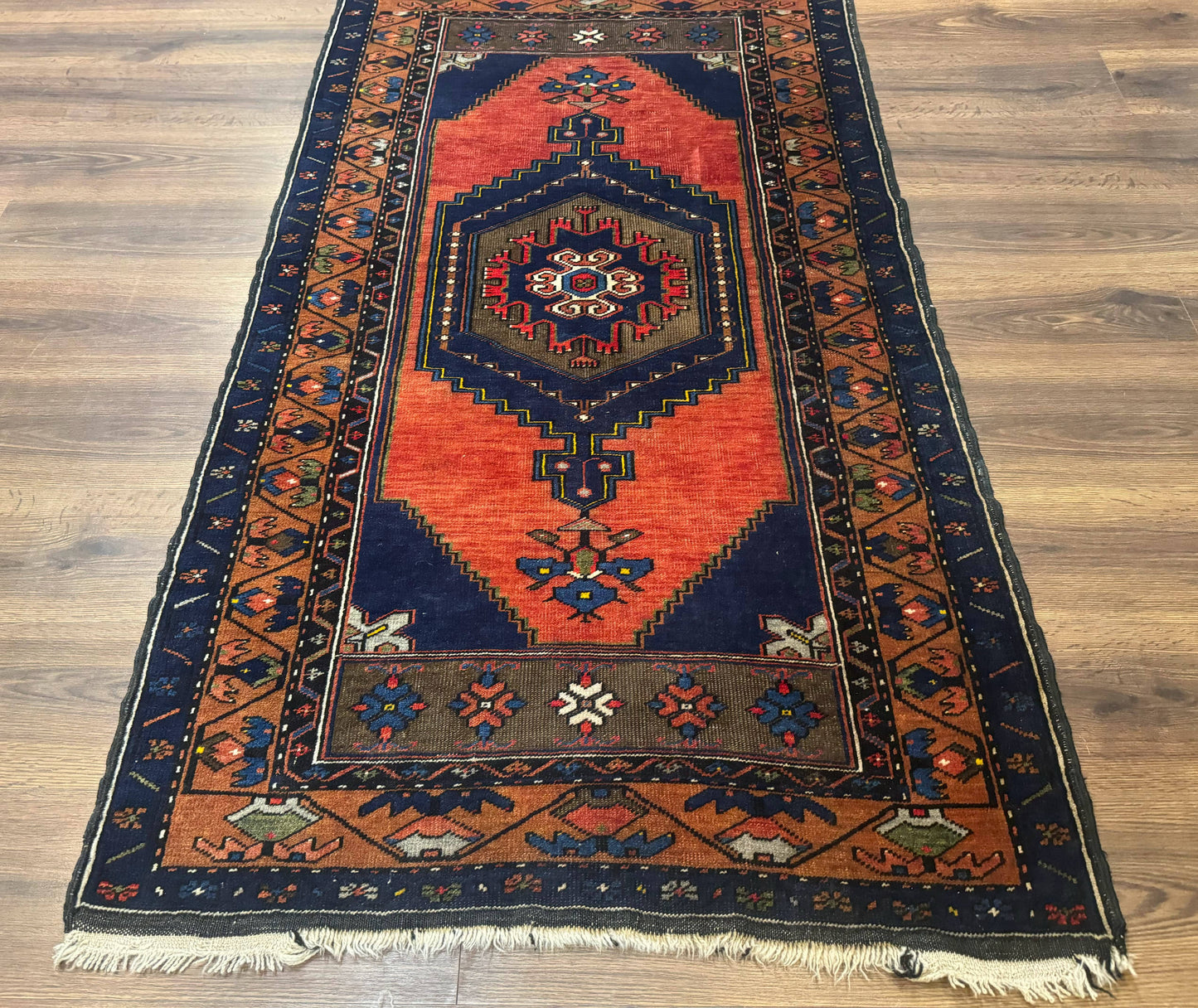 Persian Rug 3x6, Geometric Medallion, Village Tribal Rug, Terracotta and Navy Blue, Antique Nahavand Hamadan Rug - Nuvé