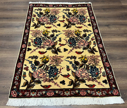 Persian Bidjar Rug 3.6 x 5 ft, Repeated Floral Motifs, Roses and Birds, Cream Burgundy, Fine Wool Oriental Bijar Carpet, Vintage Traditional Area Rug - Nuvé