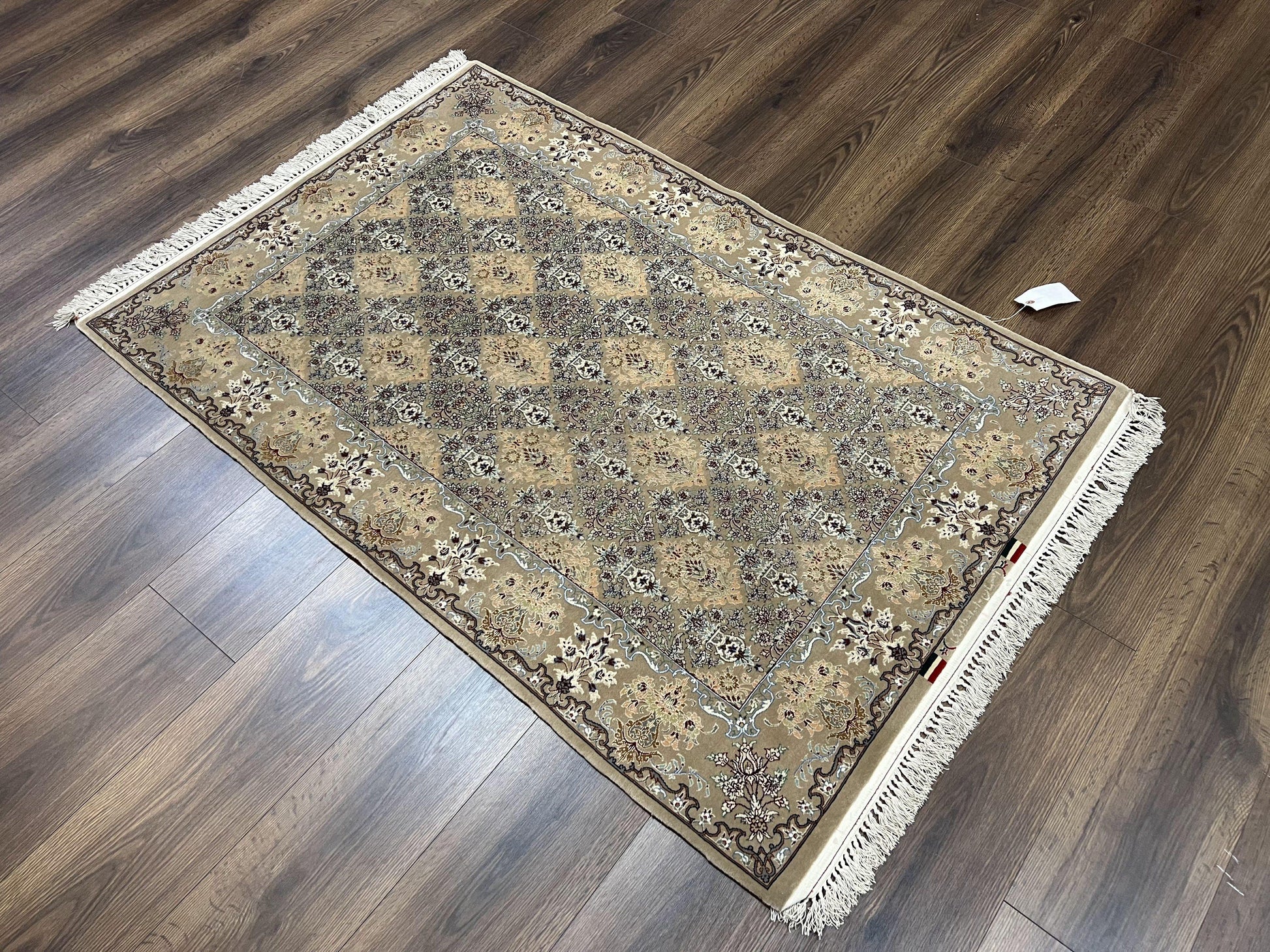 Super Fine Persian Isfahan Rug 3x5 ft, Kork Wool on Silk Foundation, Repeated Floral Motif, Taupe Tan Hand Knotted Oriental Carpet 3 x 5 ft, Signed - Nuvé