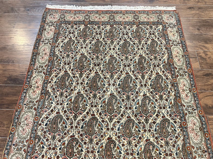 Persian Qum Rug 5x6, Cream Wool Hand Knotted Carpet, Repeated Boteh Paisely Design, Semi Antique Vintage Rug, Very Fine Weave 5 x 6 Rug - Nuvé