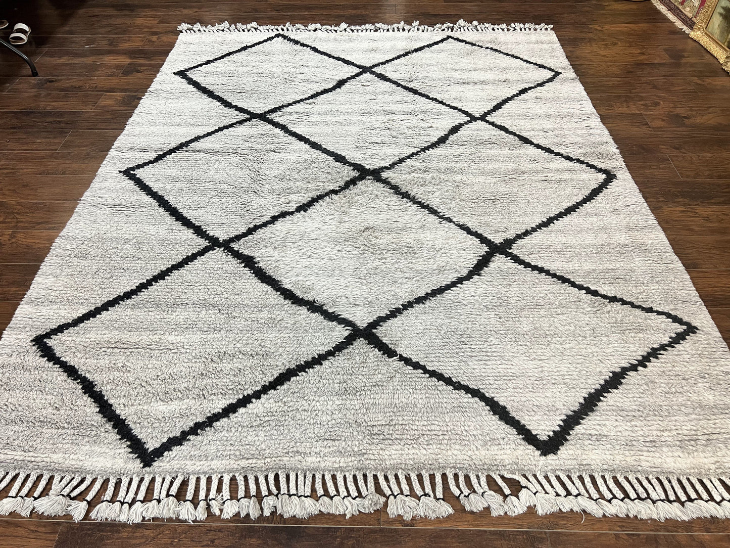 Modern Shag Rug 8x10, Gray and Black, Wool and Cotton, Lulu and Georgia, Handmade Indian Shag Rug
