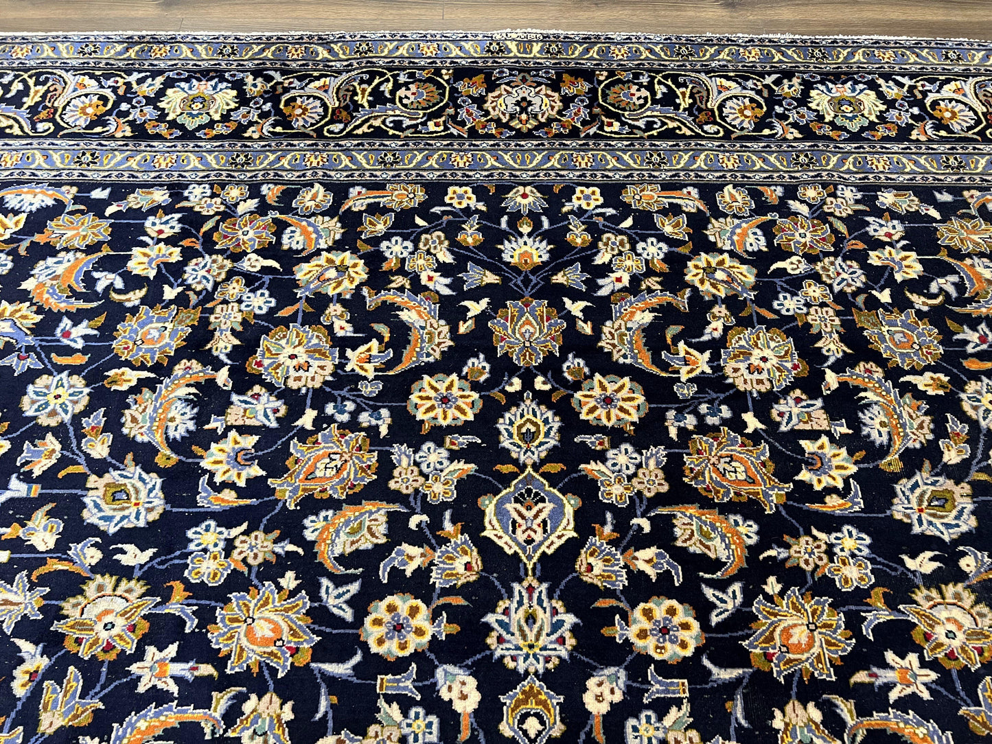 Wonderful Navy Blue Persian Kashan Rug 11x13, Allover Floral Design with Central Medallion, Wool Hand-Knotted Antique Carpet, Signed Rabani Rug - Nuvé