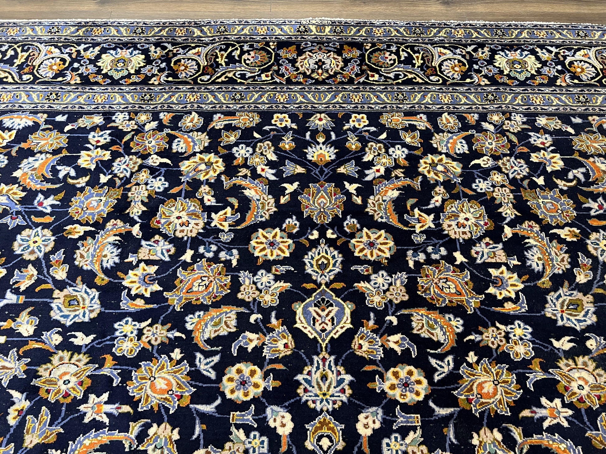Wonderful Navy Blue Persian Kashan Rug 11x13, Allover Floral Design with Central Medallion, Wool Hand-Knotted Antique Carpet, Signed Rabani Rug - Nuvé