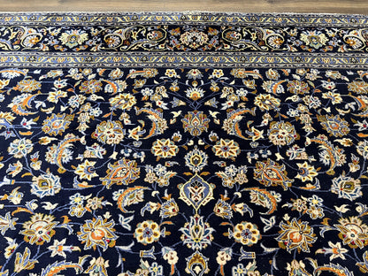 Wonderful Navy Blue Persian Kashan Rug 11x13, Allover Floral Design with Central Medallion, Wool Hand-Knotted Antique Carpet, Signed Rabani Rug - Nuvé
