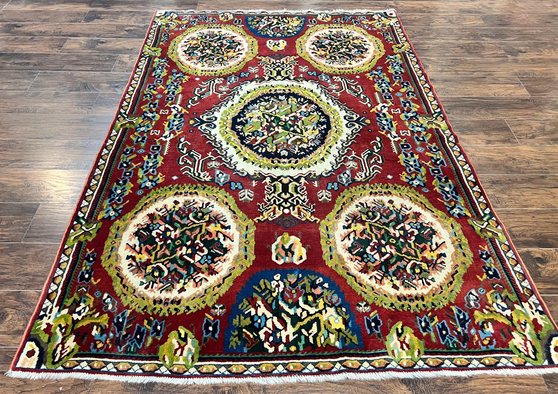 Persian Bakhtiari Rug 5x8, Wool Hand Knotted Antique Carpet, Red, Floral Oriental Rug, 5 x 8 Medium Sized Rug - Nuvé