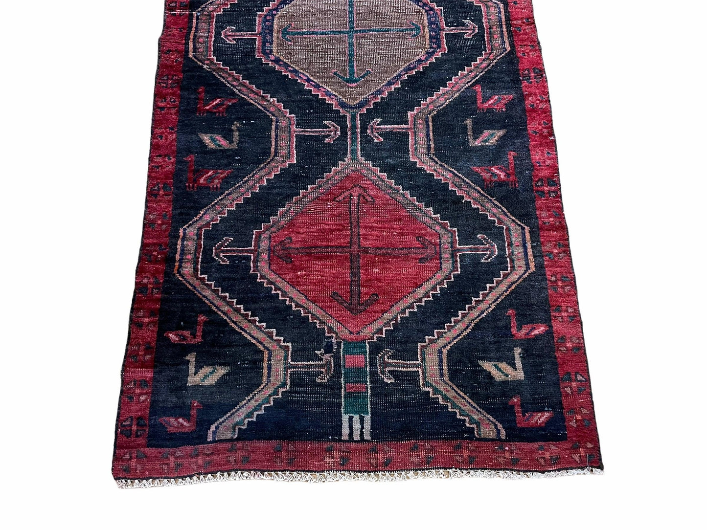 3 X 7 Handmade Wool Tribal Runner Rug Geometric Red Blue Boho Organic Dyes - Nuvé