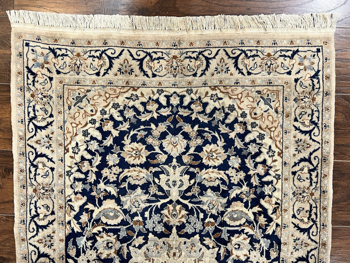 Persian Nain Rug 3x5, Floral Medallion Oriental Carpet, Very Fine Hand Knotted Handmade Wool and Silk Highlights Rug, Vintage Semi Antique - Nuvé