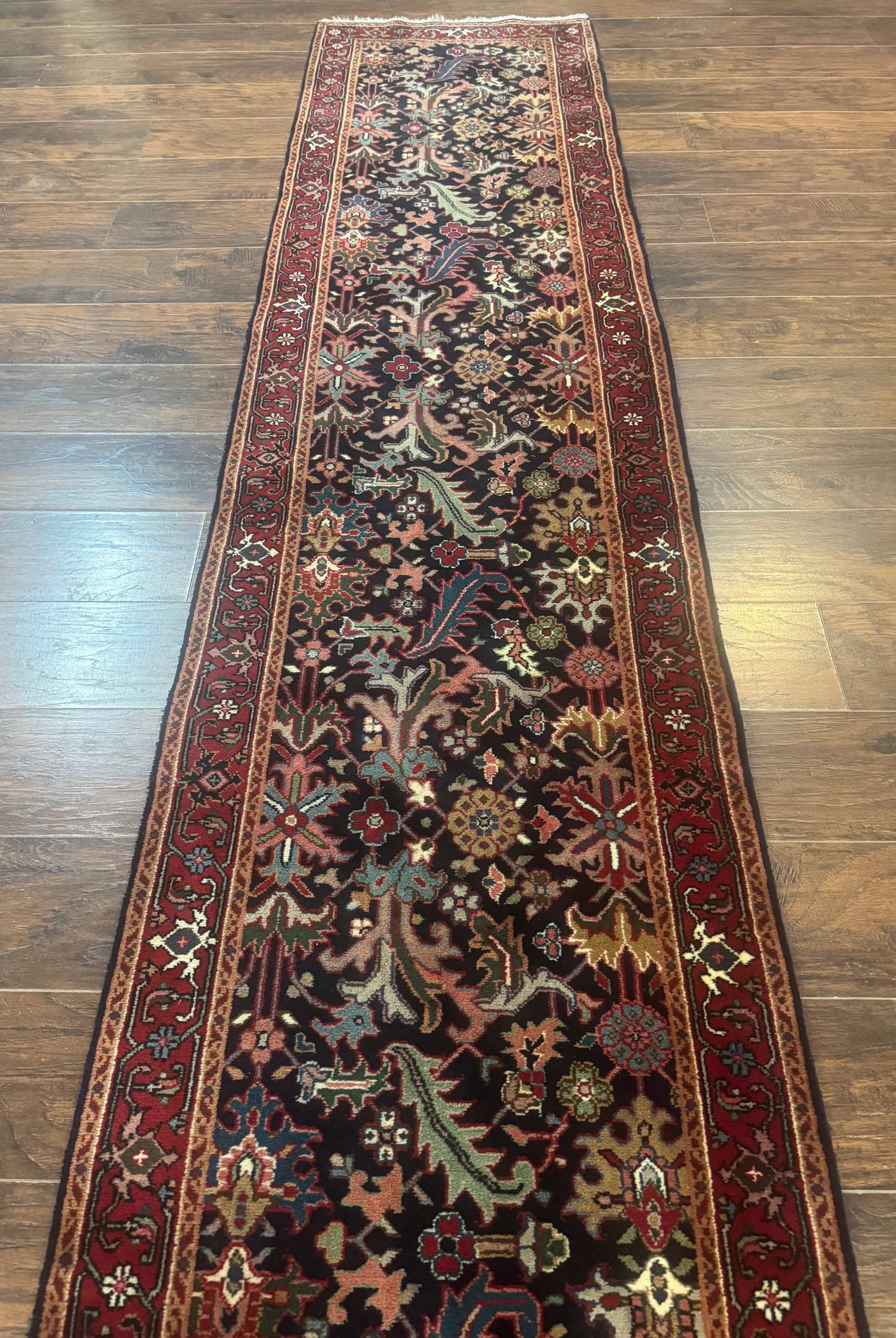 Indo Persian Runner Rug 2.7 x 13, Navy Blue and Red, Allover Floral, Wool, 13ft Runner - Nuvé