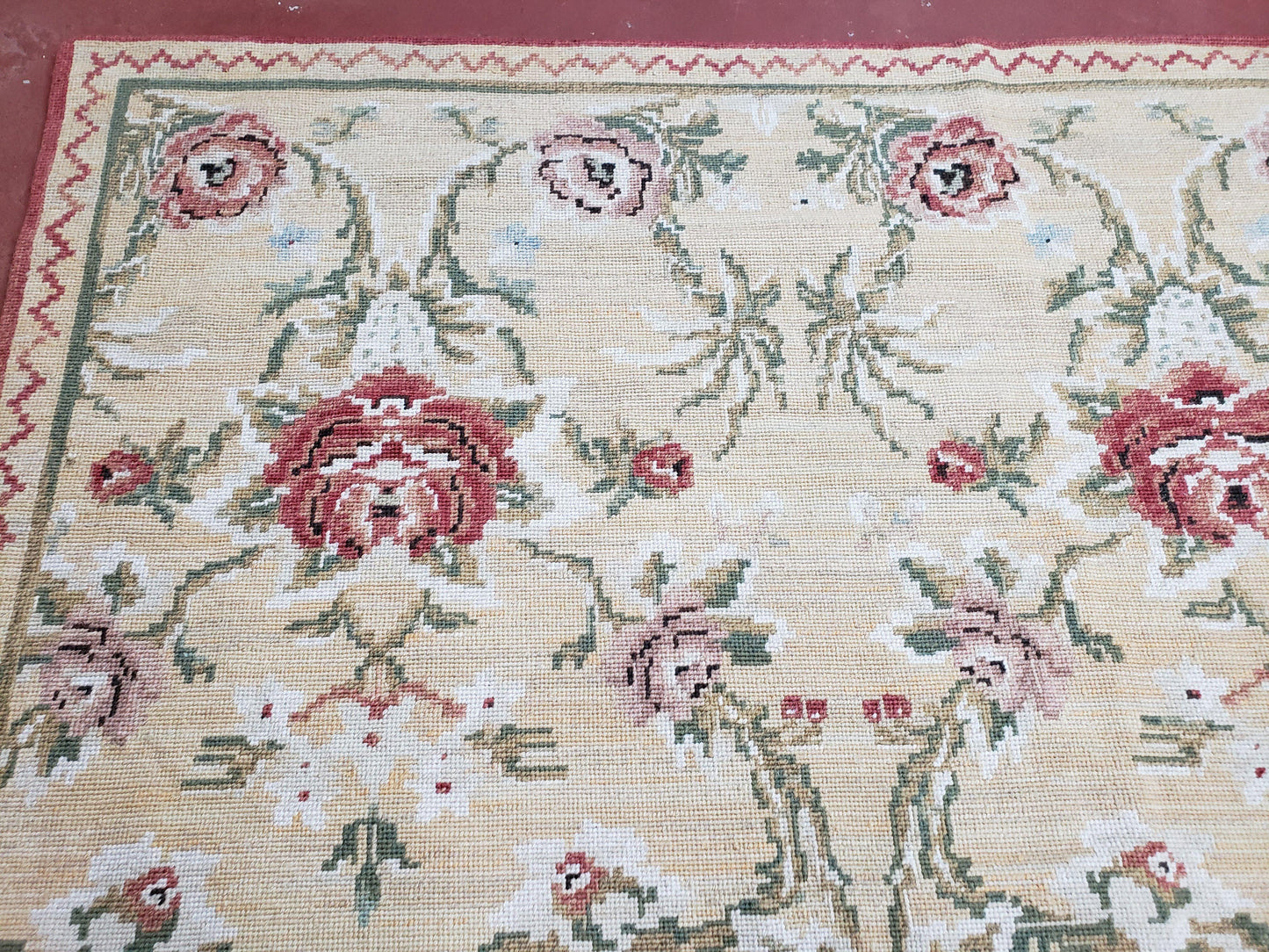 Needlepoint Rug 10x14 Wool Flatweave Carpet, English Floral Pattern, Pale Yellow, Roses, Allover Pattern, Handmade Large Needlepoint Nice - Nuvé