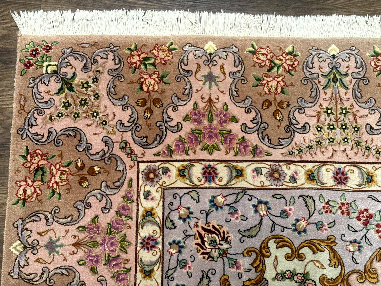 Wonderful Persian Tabriz Rug 7x10, Very Fine 330 KPSI, Light Green Light Blue Pink, Kork Wool Silk Foundation, Bird Pictorials - Nuvé