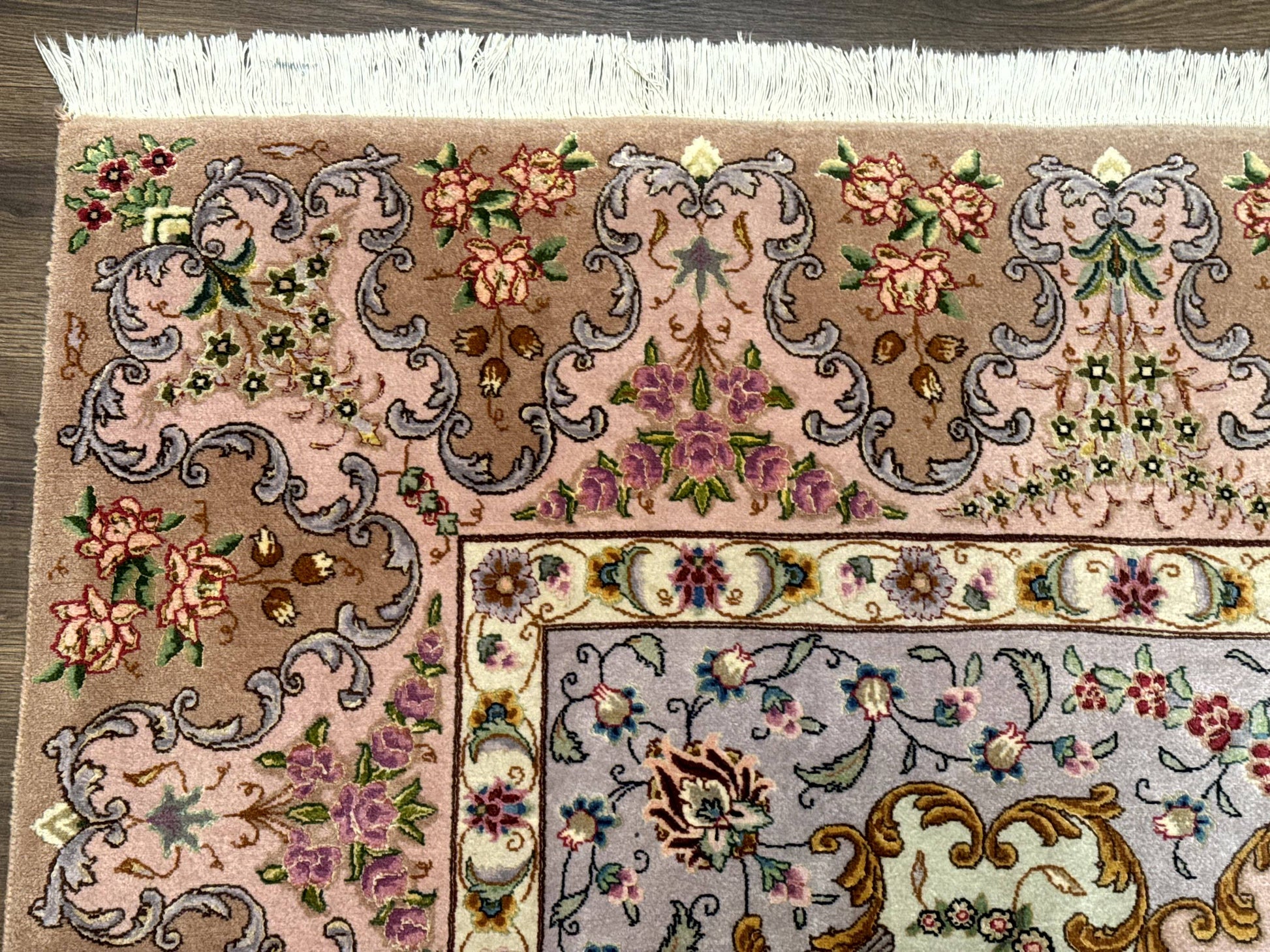 Wonderful Persian Tabriz Rug 7x10, Very Fine 330 KPSI, Light Green Light Blue Pink, Kork Wool Silk Foundation, Bird Pictorials - Nuvé