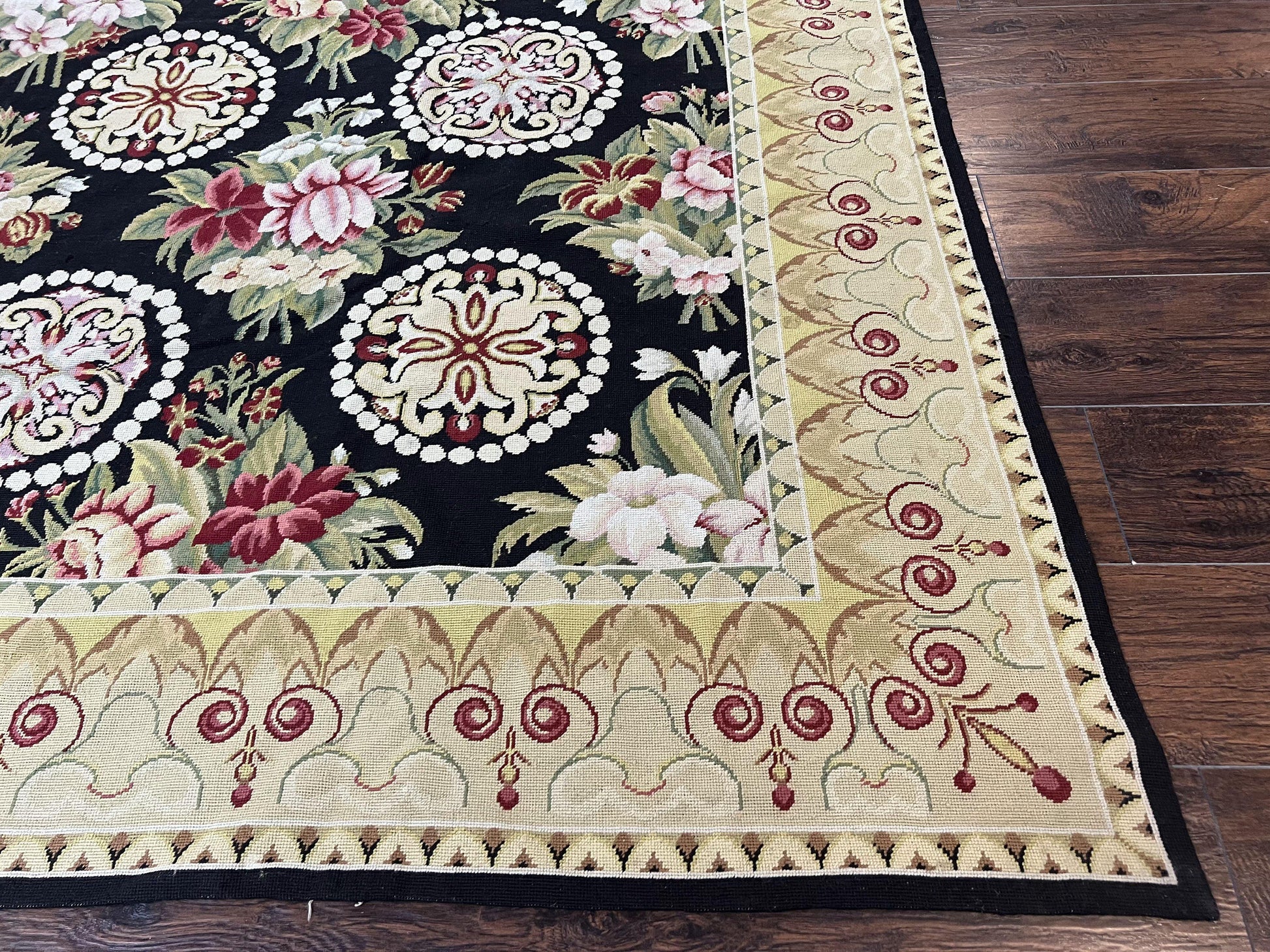 9x12 Black Needlepoint Rug, European Floral Panel Design, Handwoven, Vintage Chinese Needlepoint, Black Green Beige, Wool Rug 9 x 12 - Nuvé