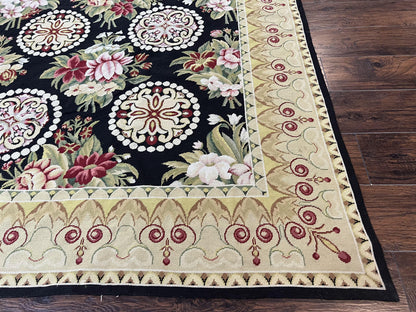 9x12 Black Needlepoint Rug, European Floral Panel Design, Handwoven, Vintage Chinese Needlepoint, Black Green Beige, Wool Rug 9 x 12 - Nuvé