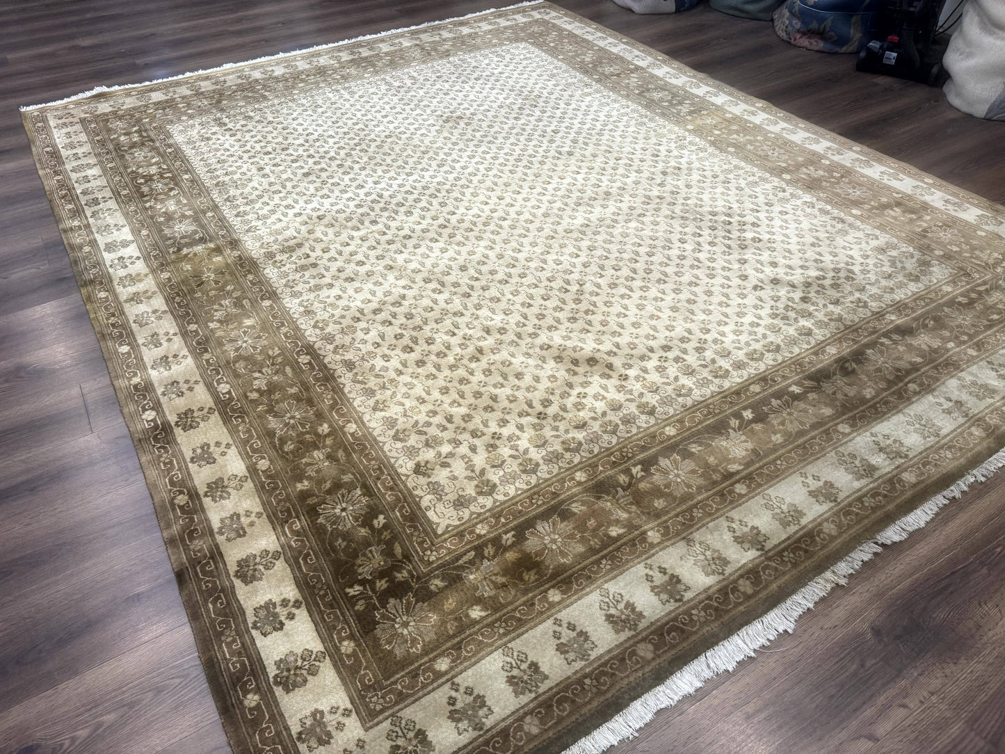 Beige handmade wool Indo Persian rug with allover pattern, 8x10 size, from Jewel Rugs, showcasing intricate design and soft texture.