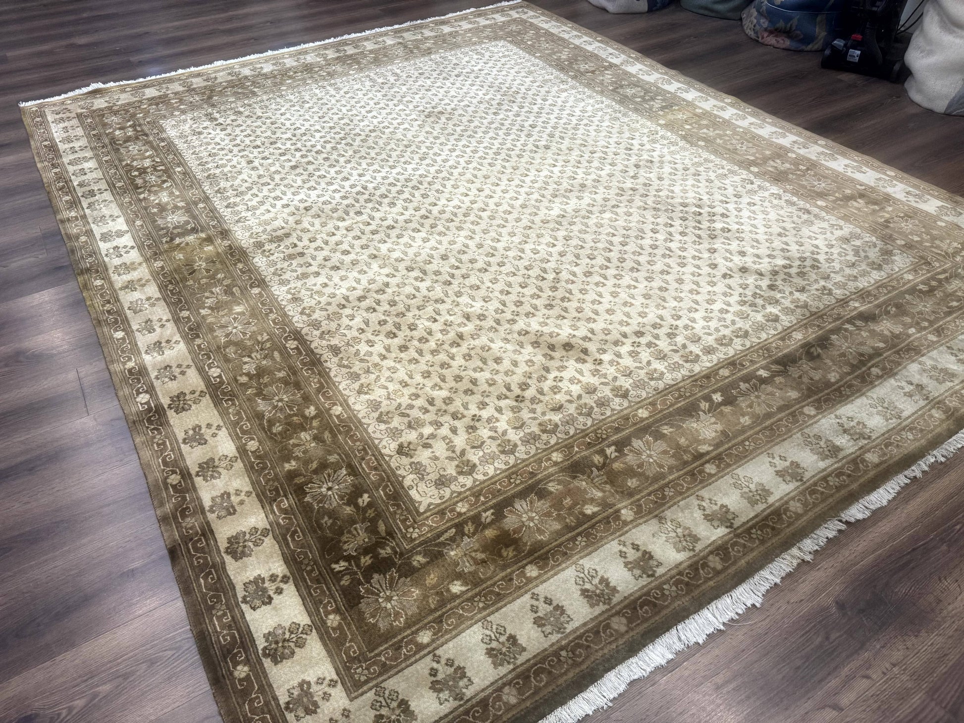 Beige handmade wool Indo Persian rug with allover pattern, 8x10 size, from Jewel Rugs, showcasing intricate design and soft texture.