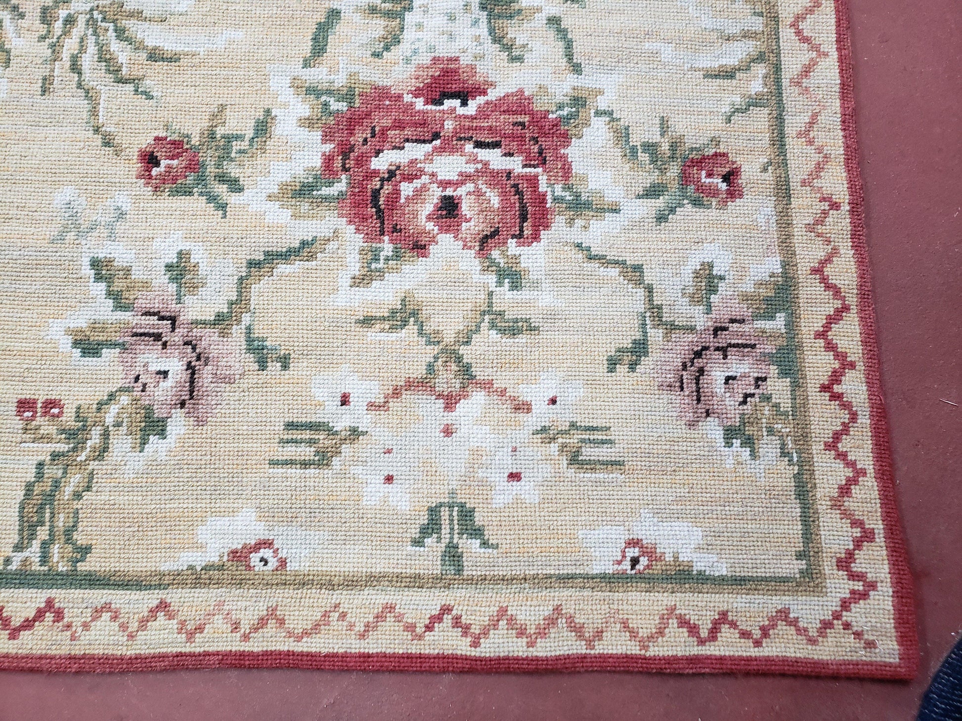 Needlepoint Rug 10x14 Wool Flatweave Carpet, English Floral Pattern, Pale Yellow, Roses, Allover Pattern, Handmade Large Needlepoint Nice - Nuvé