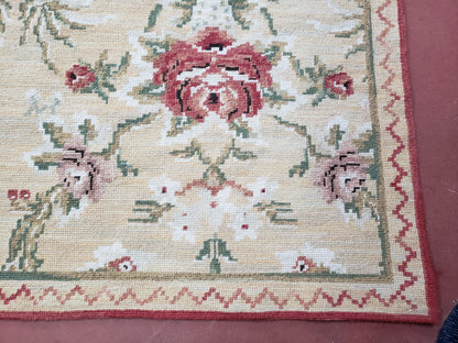 Needlepoint Rug 10x14 Wool Flatweave Carpet, English Floral Pattern, Pale Yellow, Roses, Allover Pattern, Handmade Large Needlepoint Nice - Nuvé