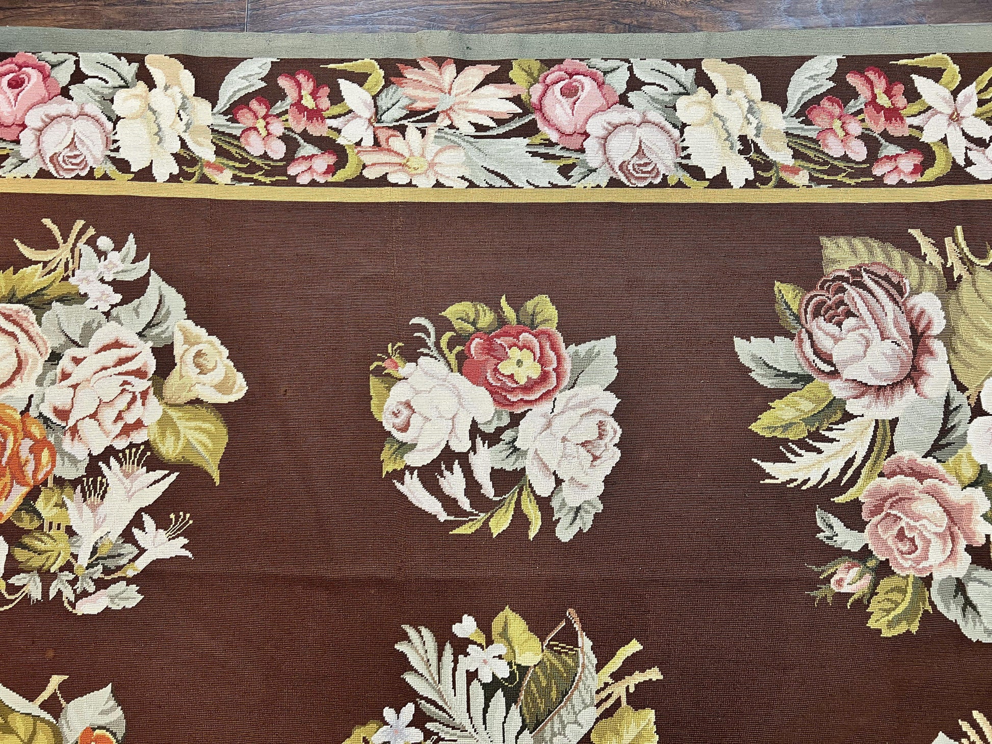 Vintage Needlepoint Rug 9x12, Large Handmade Hand-woven Needlepoint Carpet, Brown Area Rug, Floral Bouquets, Wool Rug, European Design - Nuvé