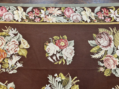 Vintage Needlepoint Rug 9x12, Large Handmade Hand-woven Needlepoint Carpet, Brown Area Rug, Floral Bouquets, Wool Rug, European Design - Nuvé