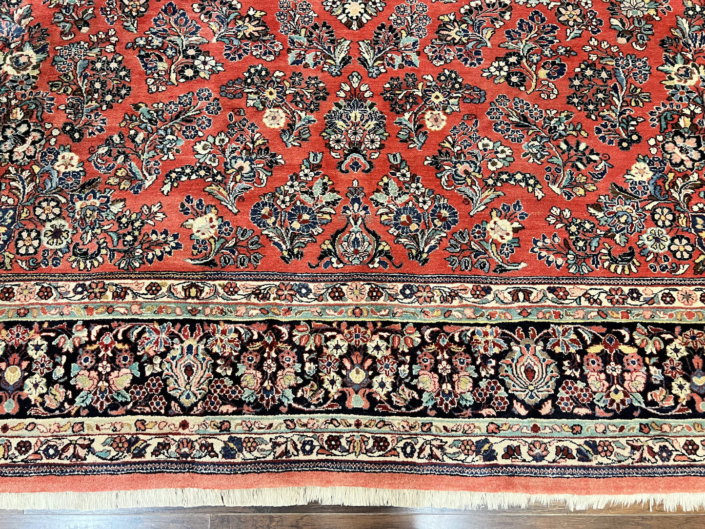 Square Persian Sarouk Rug 11x11 ft, Rare Size, Hand Knotted Wool Floral Allover Red Persian Carpet, Handmade Antique Rug - Nuvé