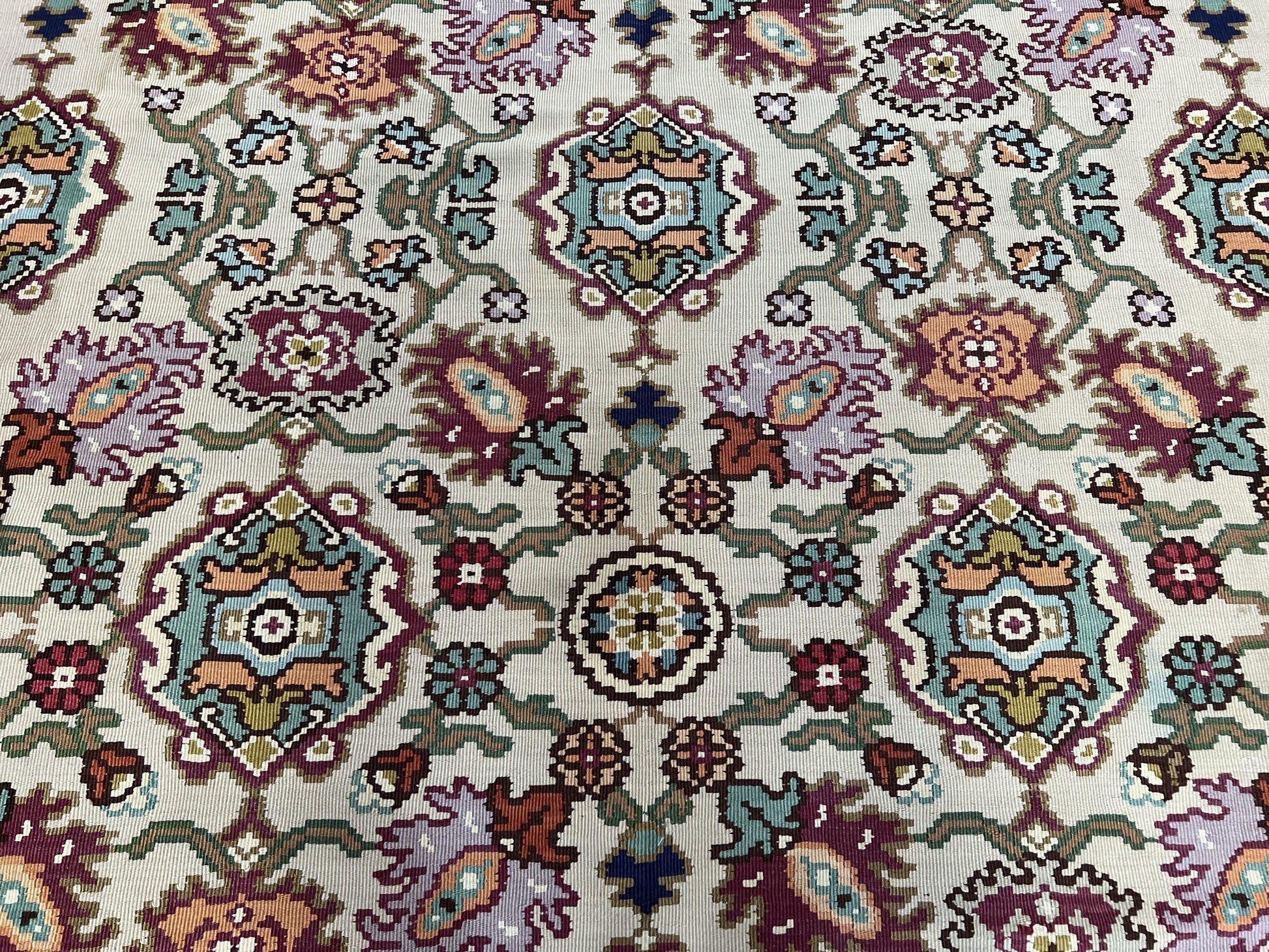 Antique Turkish Kilim Rug 7x10 Allover Pattern, Ivory Cream Maroon Light Blue, Wool Flatweave Hand Woven, Large Kilim, Vintage Kilim Carpet - Nuvé