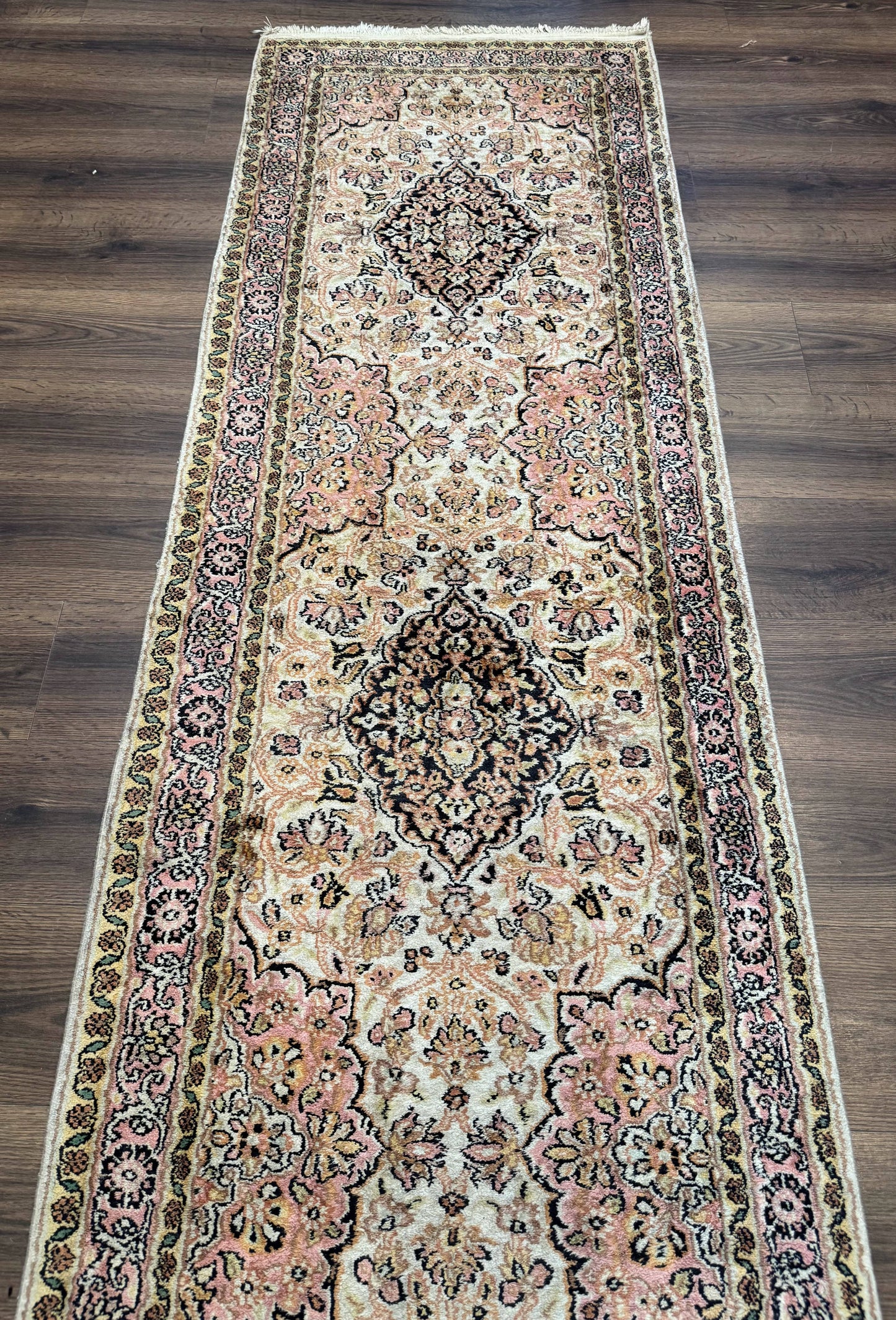Silk Indian Kashmiri Runner Rug 2.7 x 9.8, Floral Medallions - Nuvé