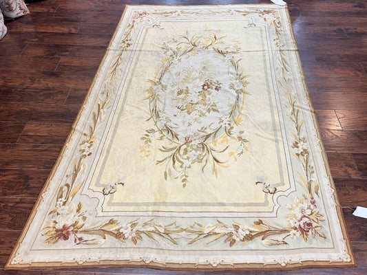 Needlepoint Rug 6x9, Elegant European Design Aubusson Carpet, Vintage Wool Handmade Rug, Light Yellow Ivory - Nuvé