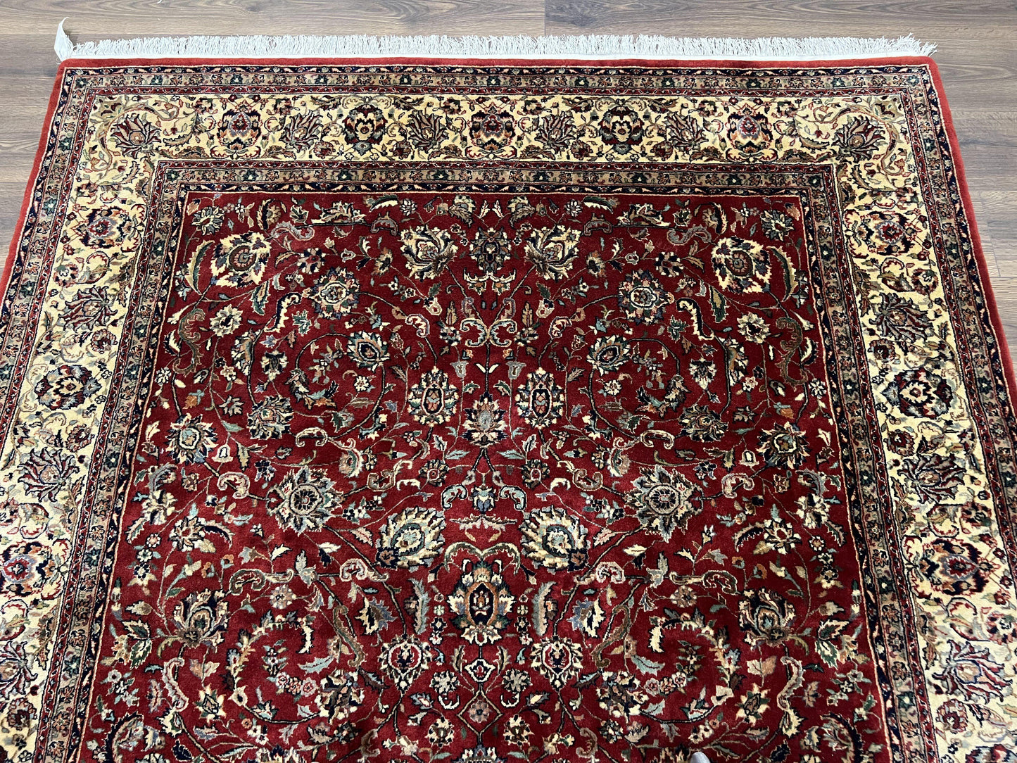 Vintage Indo Persian Rug 6x9, Very Finely Hand-Knotted Carpet 6 x 9 Red Cream Indian Oriental Carpet, Traditional Floral Wool Area Rug 1970s - Nuvé