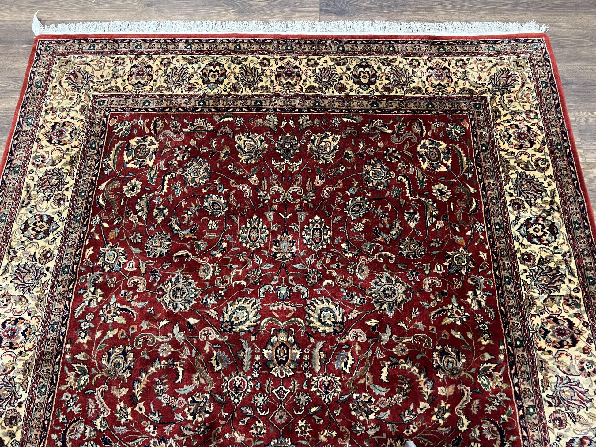 Vintage Indo Persian Rug 6x9, Very Finely Hand-Knotted Carpet 6 x 9 Red Cream Indian Oriental Carpet, Traditional Floral Wool Area Rug 1970s - Nuvé
