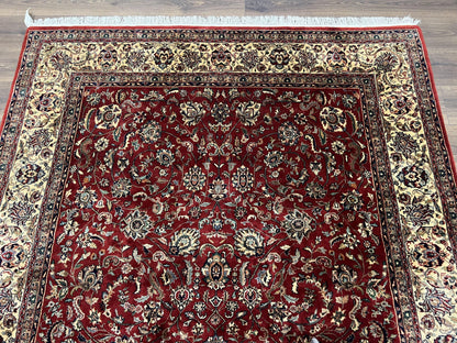 Vintage Indo Persian Rug 6x9, Very Finely Hand-Knotted Carpet 6 x 9 Red Cream Indian Oriental Carpet, Traditional Floral Wool Area Rug 1970s - Nuvé
