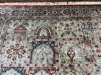 Silk Sino Persian Rug 9x12, Panel Design, Garden of Eden Pattern, Fine 200 KPSI, Hand Knotted Room Sized Silk Carpet, Vintage - Nuvé