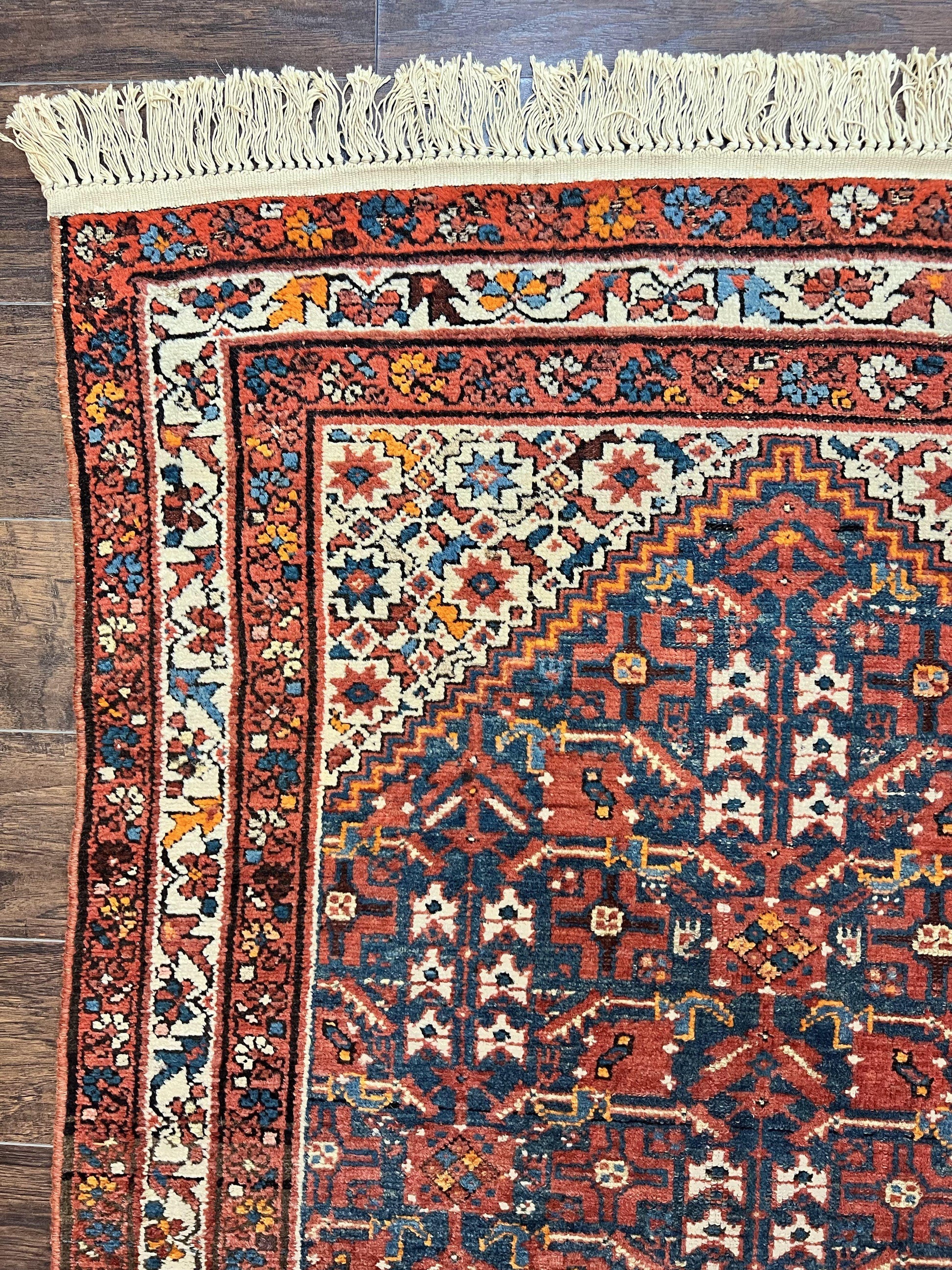 Persian Malayer Rug 4x7, Tribal Rug, Geometric, Antique Oriental Carpet, Red Blue Cream, Boho Rug, Hand Knotted Wool Rug - Nuvé