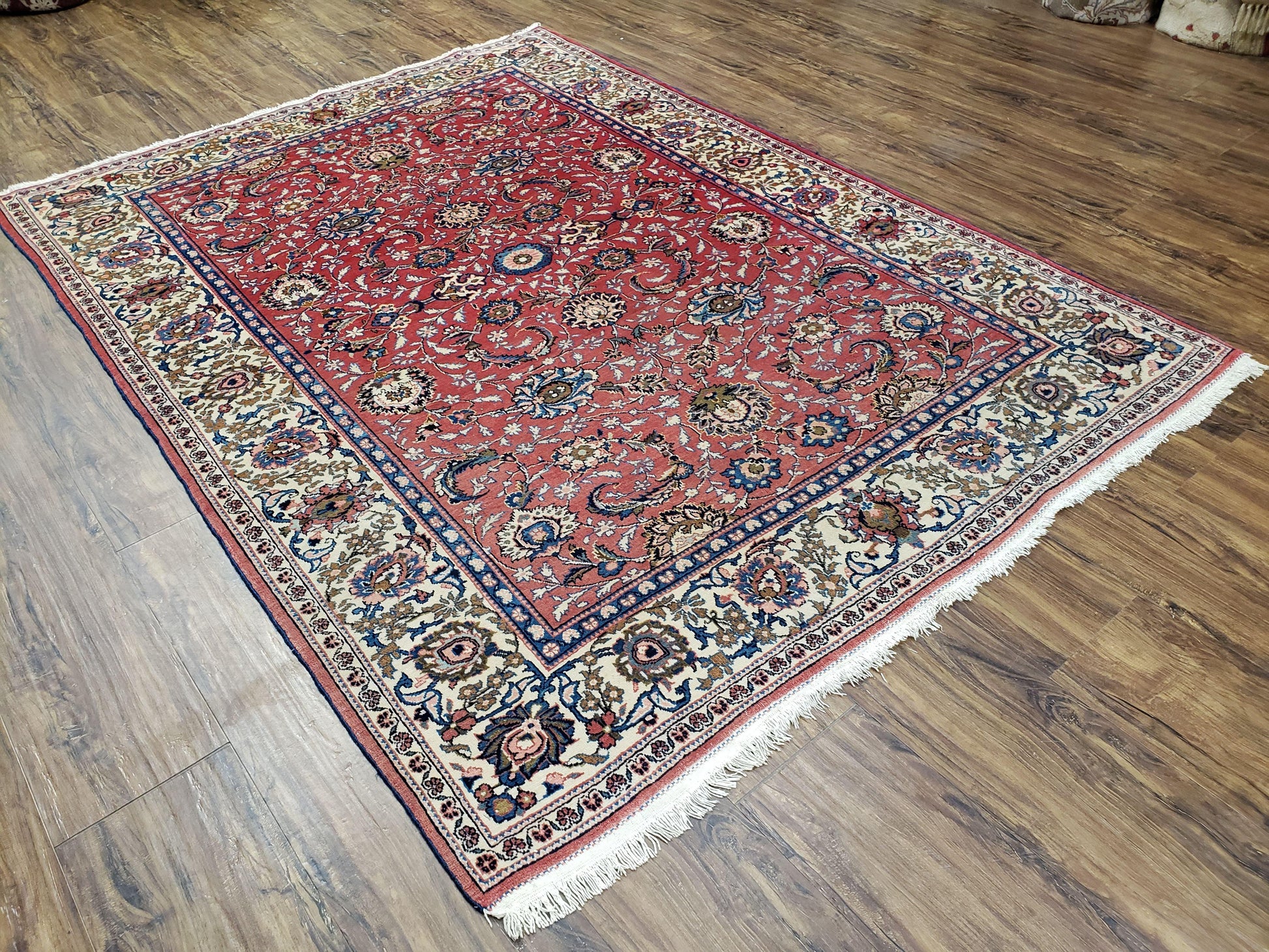 Semi Antique Persian Kashan, Red & Cream, Hand-Knotted, Wool, 4' 8" x 6' 6", Pair A - Nuvé