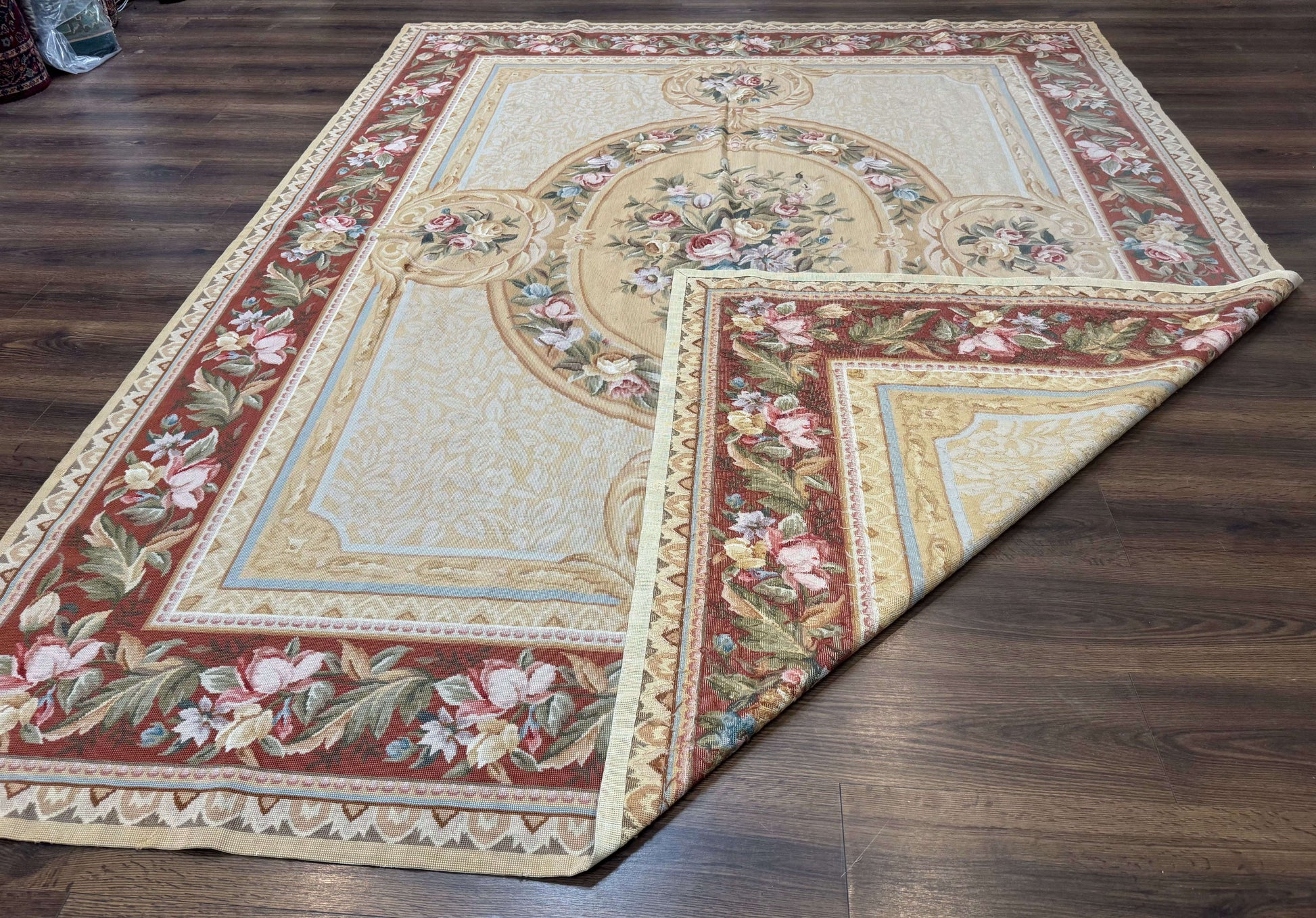 Needlepoint Rug 8x10, Aubusson Savonnerie European Carpet, Floral, Elegant - Nuvé