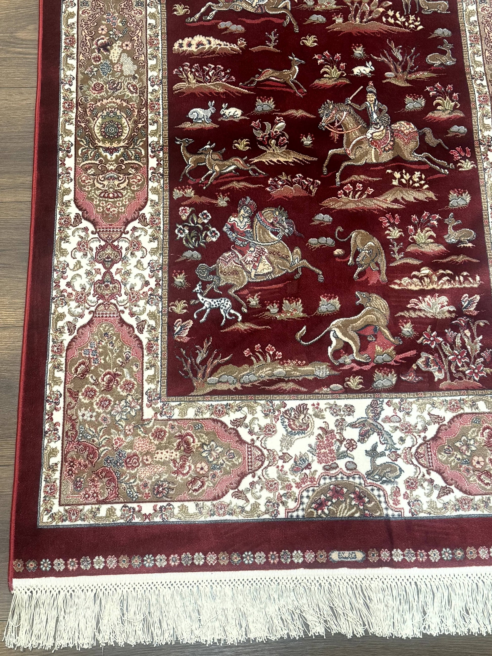 Turkish Silk Rug 3x5, Hunting Design, Dark Red & Ivory, Bamboo Silk, New - Nuvé