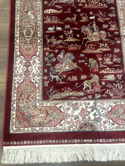Turkish Silk Rug 3x5, Hunting Design, Dark Red & Ivory, Bamboo Silk, New - Nuvé