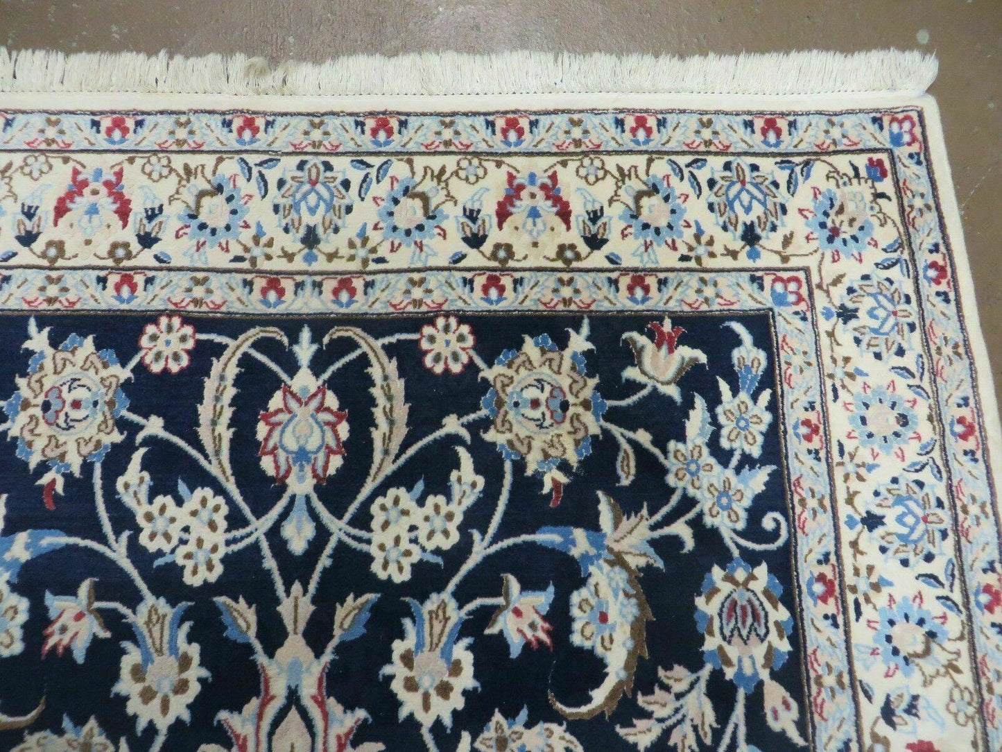 Persian Nain Rug 4x7, Navy Blue and Ivory, Handmade, Wool & Silk Highlights, Fine Oriental Rug, Vintage - Nuvé