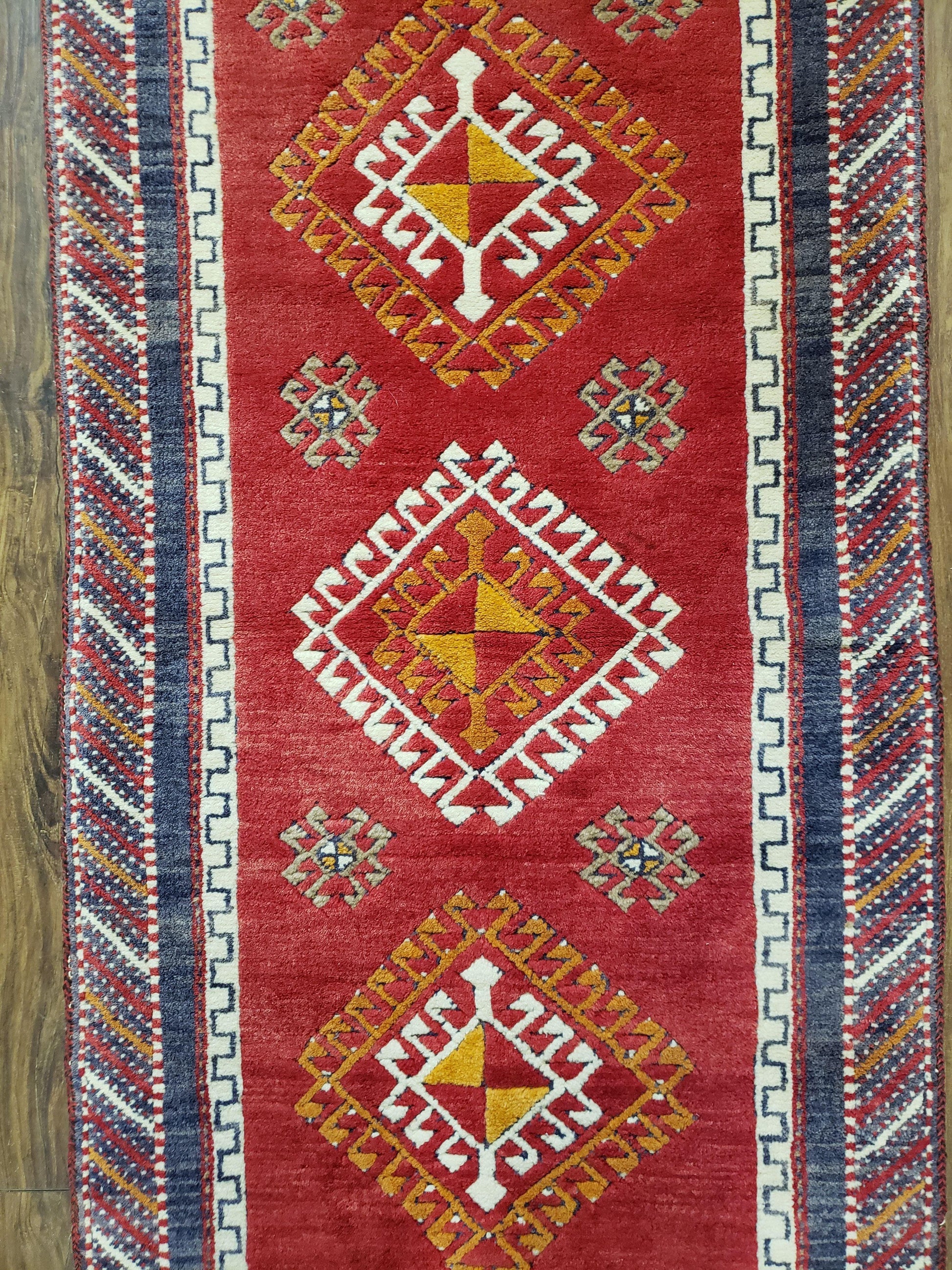 Vintage Turkish Kazak Rug 2.5 x 5 Red Wool Carpet Medallions Runner Geometric - Nuvé