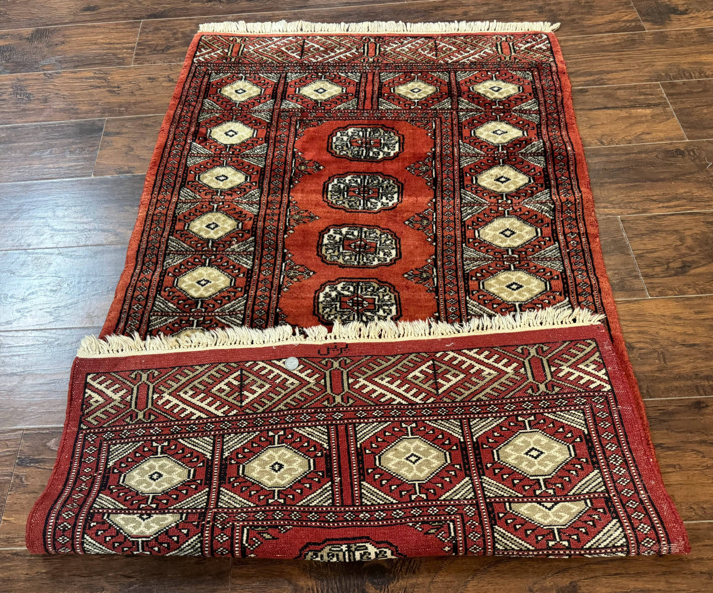 Red Pakistani Turkoman Rug 3x5, Bokhara Design, Vintage, Signed - Nuvé