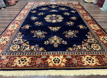 Chinese Wool Rug 8x11, Navy Blue and Terracotta, Floral, Couristan Belgium Power Loomed Carpet - Nuvé