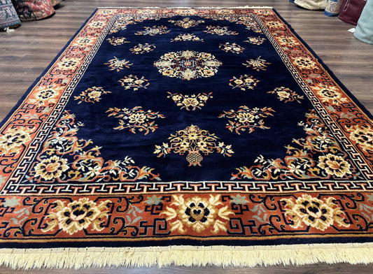 Chinese Wool Rug 8x11, Navy Blue and Terracotta, Floral, Couristan Belgium Power Loomed Carpet - Nuvé