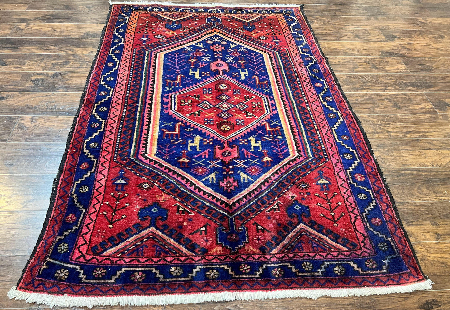 Persian Tribal Rug 5x7, Wool Handmade Vintage Hamadan Nahavand Carpet, Red & Navy Blue, Animal Motifs, Geometric Oriental Rug 5 x 7 - Nuvé