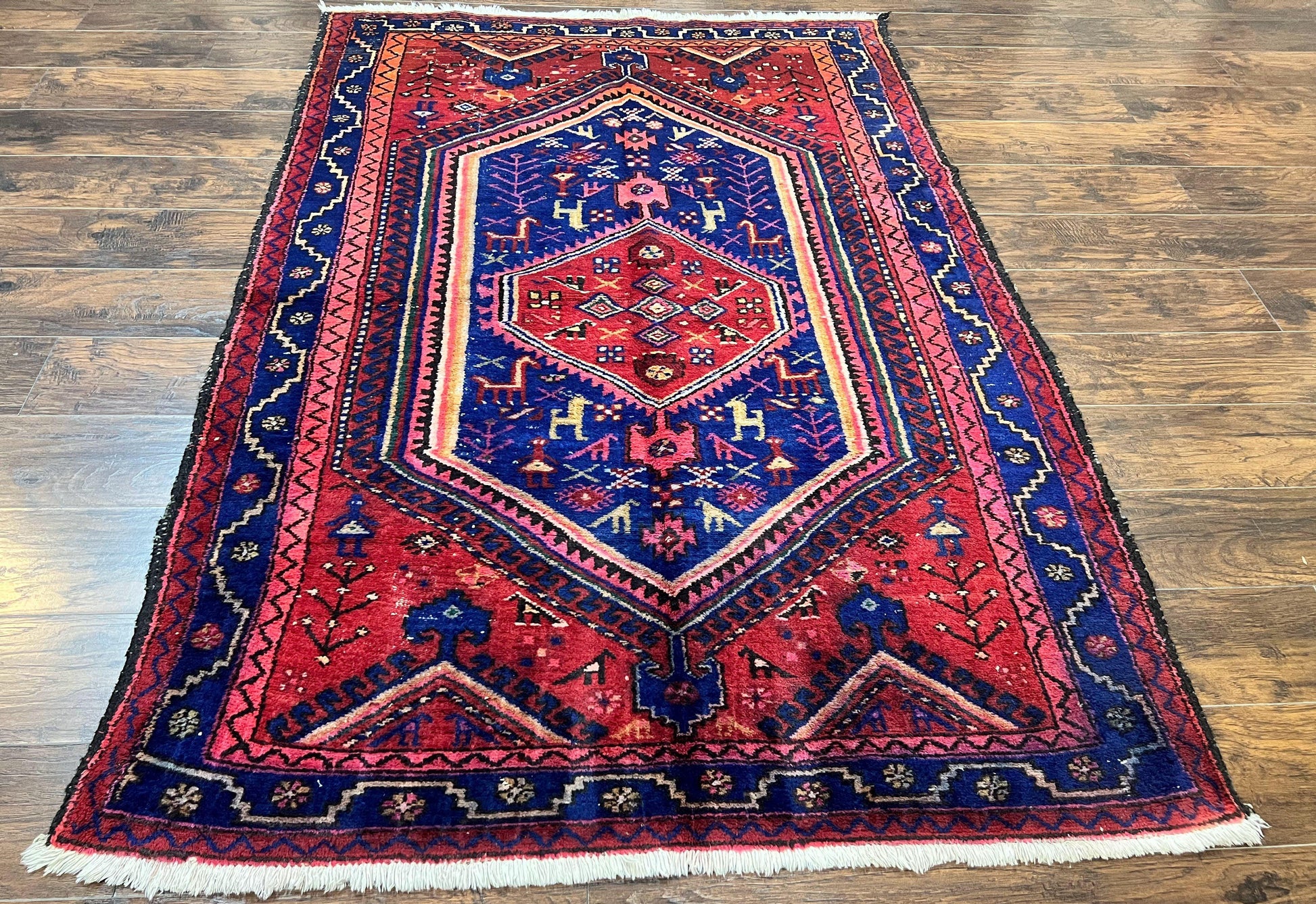 Persian Tribal Rug 5x7, Wool Handmade Vintage Hamadan Nahavand Carpet, Red & Navy Blue, Animal Motifs, Geometric Oriental Rug 5 x 7 - Nuvé