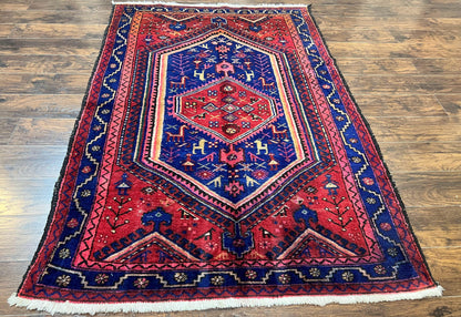Persian Tribal Rug 5x7, Wool Handmade Vintage Hamadan Nahavand Carpet, Red & Navy Blue, Animal Motifs, Geometric Oriental Rug 5 x 7 - Nuvé