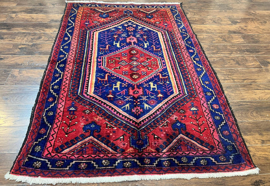 Persian Tribal Rug 5x7, Wool Handmade Vintage Hamadan Nahavand Carpet, Red & Navy Blue, Animal Motifs, Geometric Oriental Rug 5 x 7 - Nuvé