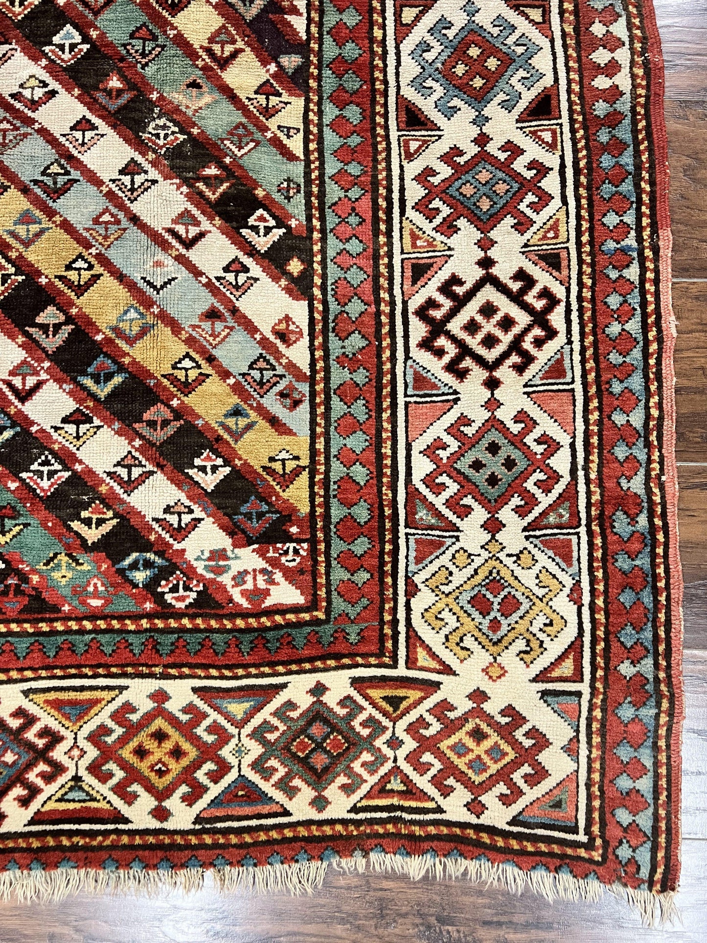 Caucasian Kazak Runner Rug 3.6 x 8, Wool Hand Knotted Antique 1880s Carpet, Ivory & Multicolor Stripes Oriental Runner Rug, Hallway Rug - Nuvé