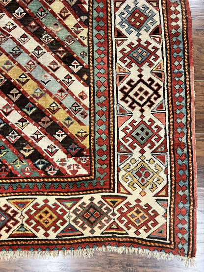 Caucasian Kazak Runner Rug 3.6 x 8, Wool Hand Knotted Antique 1880s Carpet, Ivory & Multicolor Stripes Oriental Runner Rug, Hallway Rug - Nuvé