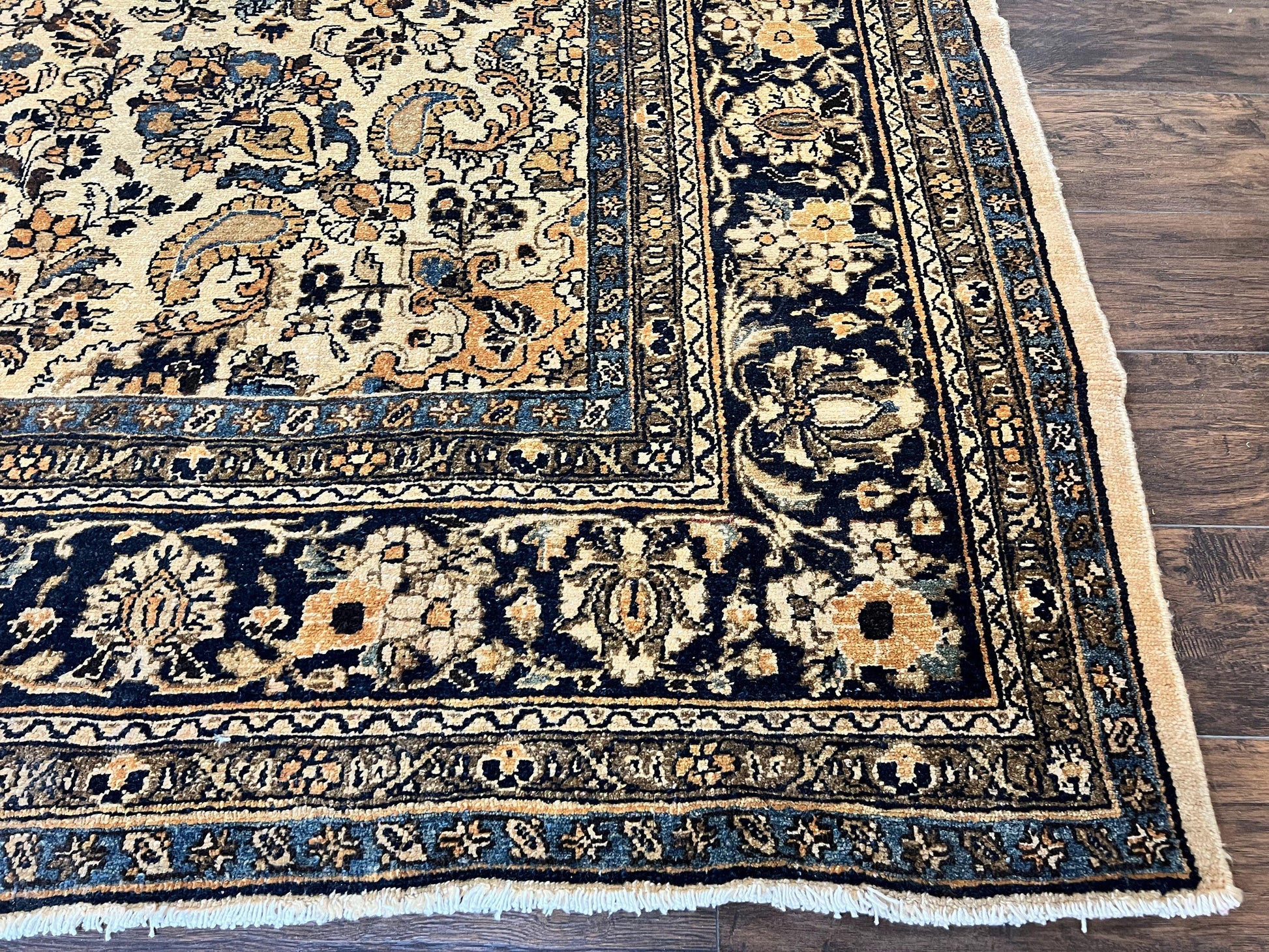 Antique Persian Rug 9x11, Wool Handmade 1920s Oriental Carpet, Persian Hamadan Anjelas Rug, Cream Black, Floral Allover Oriental Rug 9 x 11 Room Sized Rug - Nuvé